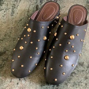 New See By Chloe Studded Black Calfskin Leather Mules Slide Block Heel 37.5/7.5
